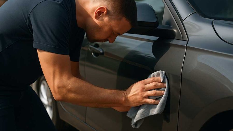 barbat care lustruieste masina cu ceara auto