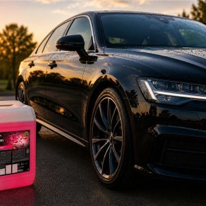 Mașină neagră cu finisaj lucios și recipient de ceară auto profesională Cherry Wax în prim-plan