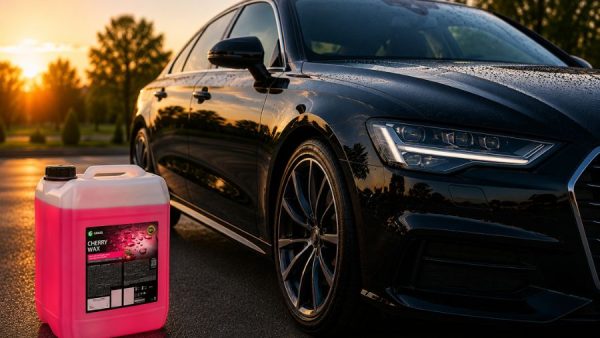 Mașină neagră cu finisaj lucios și recipient de ceară auto profesională Cherry Wax în prim-plan