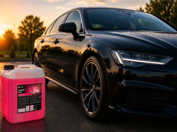 Mașină neagră cu finisaj lucios și recipient de ceară auto profesională Cherry Wax în prim-plan
