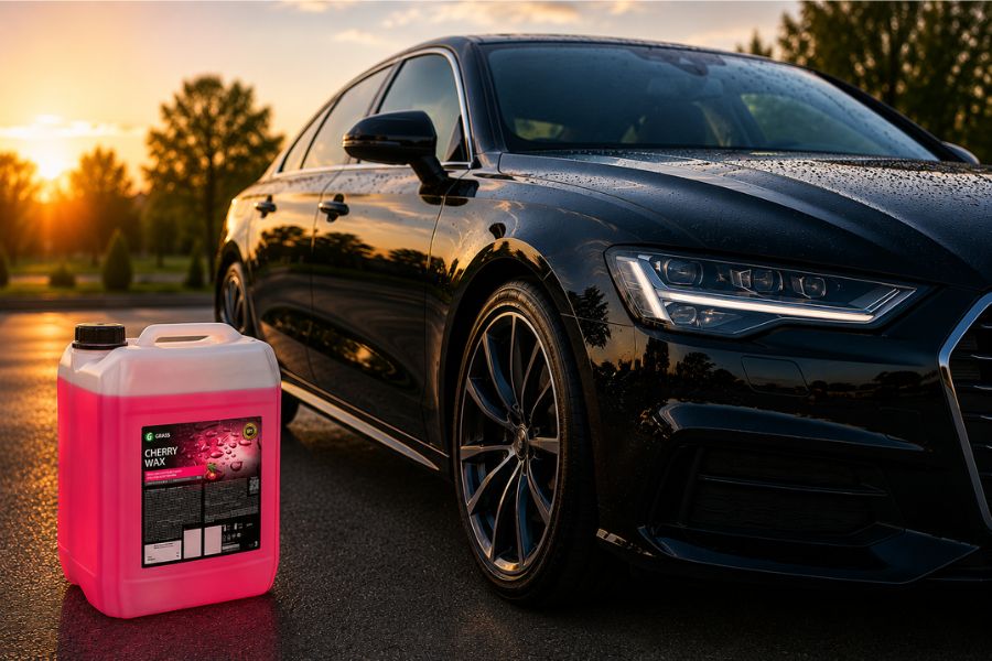 Mașină neagră cu finisaj lucios și recipient de ceară auto profesională Cherry Wax în prim-plan