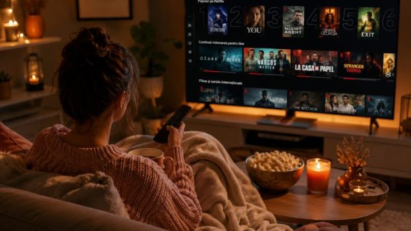 Femeie relaxându-se pe canapea în timp ce alege un film de pe Netflix într-o seară cozy