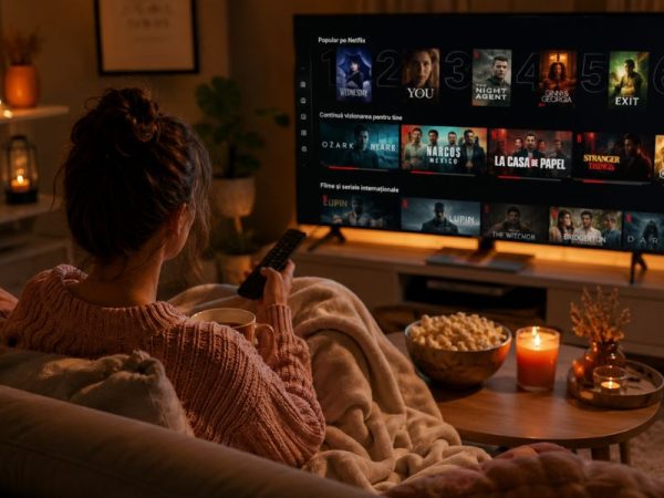 Femeie relaxându-se pe canapea în timp ce alege un film de pe Netflix într-o seară cozy