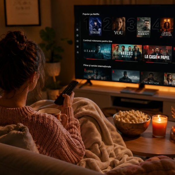 Femeie relaxându-se pe canapea în timp ce alege un film de pe Netflix într-o seară cozy