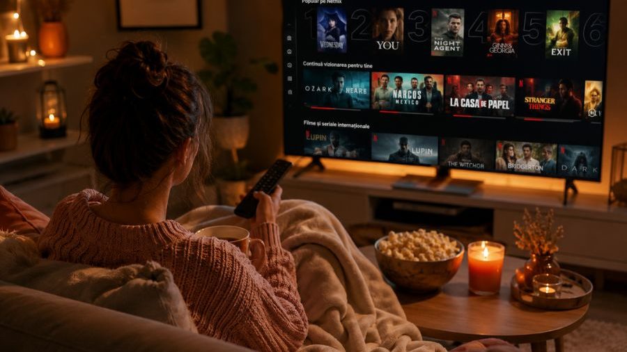 Femeie relaxându-se pe canapea în timp ce alege un film de pe Netflix într-o seară cozy