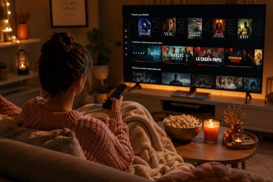 Femeie relaxându-se pe canapea în timp ce alege un film de pe Netflix într-o seară cozy