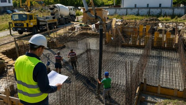 Fundație de casă cu armături și pompă de beton pregătită pentru turnare, etapă în care dirigintele de santier verifică respectarea proiectului și calitatea execuției.