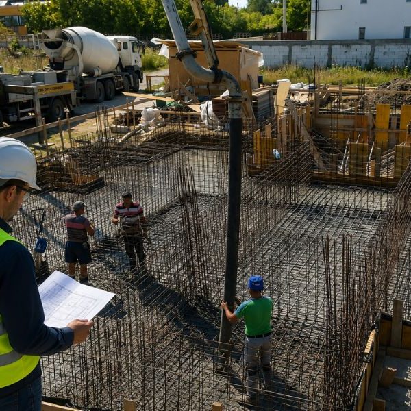 Fundație de casă cu armături și pompă de beton pregătită pentru turnare, etapă în care dirigintele de santier verifică respectarea proiectului și calitatea execuției.