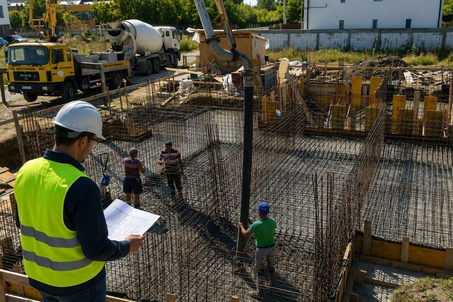 Fundație de casă cu armături și pompă de beton pregătită pentru turnare, etapă în care dirigintele de santier verifică respectarea proiectului și calitatea execuției.