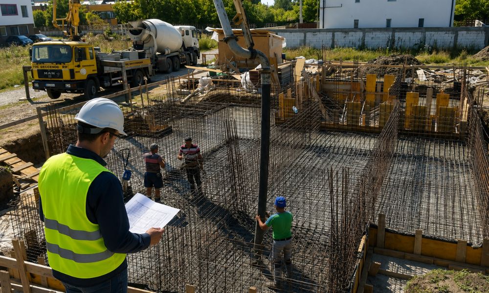 Fundație de casă cu armături și pompă de beton pregătită pentru turnare, etapă în care dirigintele de santier verifică respectarea proiectului și calitatea execuției.